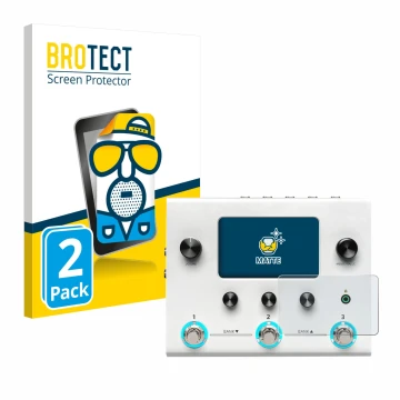 Parte frontal de un envase de producto con el logotipo de la marca BROTECT. Al lado se muestra el dispositivo Hotone Ampero II