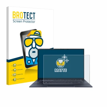 Parte frontal de un envase de producto con el logotipo de la marca BROTECT. Al lado se muestra el dispositivo ASUS ExpertBook 