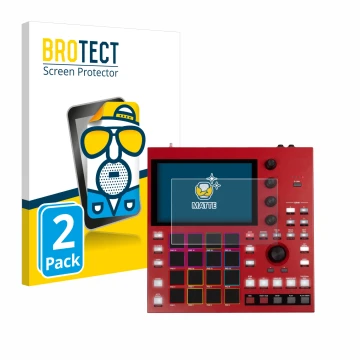 Parte frontal de un envase de producto con el logotipo de la marca BROTECT. Al lado se muestra el dispositivo Akai MPC One+ co
