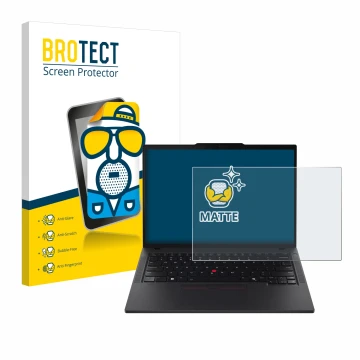 Parte frontal de un envase de producto con el logotipo de la marca BROTECT. Al lado se muestra el dispositivo Lenovo ThinkPad 