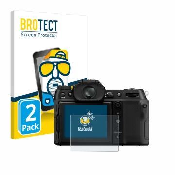 Parte frontal de un envase de producto con el logotipo de la marca BROTECT. Al lado se muestra el dispositivo Fujifilm GFX100S