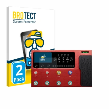 Parte frontal de un envase de producto con el logotipo de la marca BROTECT. Al lado se muestra el dispositivo Valeton GP-200R 