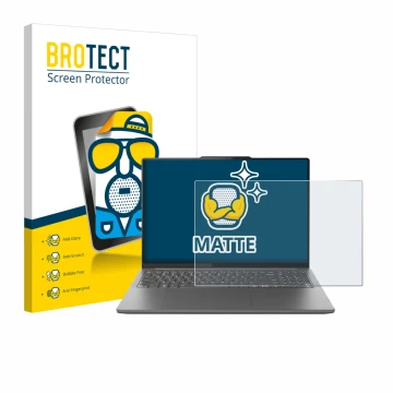 Parte frontal de un envase de producto con el logotipo de la marca BROTECT. Al lado se muestra el dispositivo Lenovo Yoga Pro 