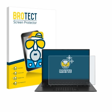 Parte frontal de un envase de producto con el logotipo de la marca BROTECT. Al lado se muestra el dispositivo ASUS ZenBook 14 