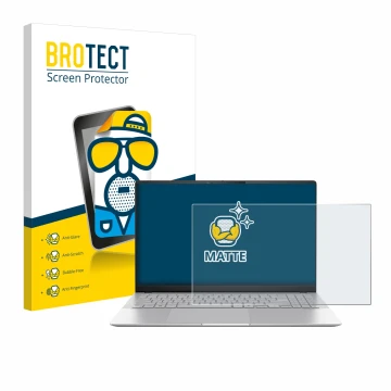 Parte frontal de un envase de producto con el logotipo de la marca BROTECT. Al lado se muestra el dispositivo ASUS Vivobook S 