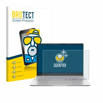 Parte frontal de un envase de producto con el logotipo de la marca BROTECT. Al lado se muestra el dispositivo ASUS Vivobook S 