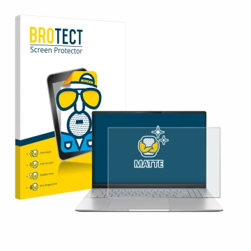 Parte frontal de un envase de producto con el logotipo de la marca BROTECT. Al lado se muestra el dispositivo ASUS Vivobook S1