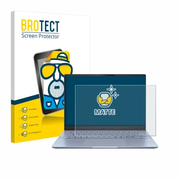 Parte frontal de un envase de producto con el logotipo de la marca BROTECT. Al lado se muestra el dispositivo ASUS Vivobook S 