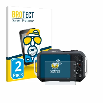 Parte frontal de un envase de producto con el logotipo de la marca BROTECT. Al lado se muestra el dispositivo Ricoh Pentax WG-