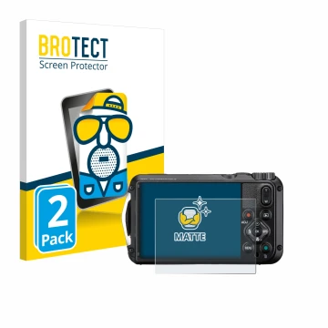 Parte frontal de un envase de producto con el logotipo de la marca BROTECT. Al lado se muestra el dispositivo Ricoh Pentax WG-