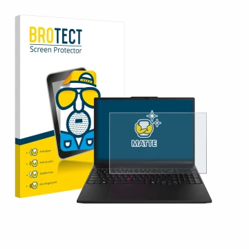 Parte frontal de un envase de producto con el logotipo de la marca BROTECT. Al lado se muestra el dispositivo Lenovo ThinkPad 