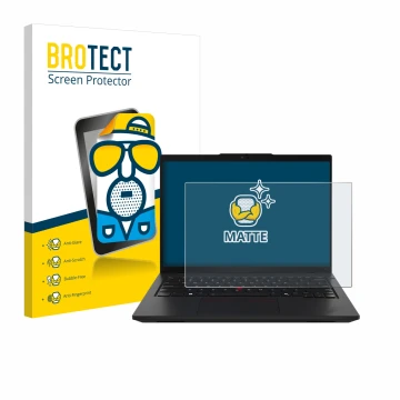 Parte frontal de un envase de producto con el logotipo de la marca BROTECT. Al lado se muestra el dispositivo Lenovo ThinkPad 