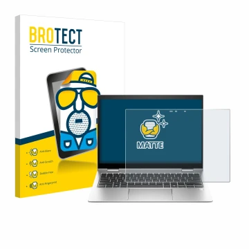 Parte frontal de un envase de producto con el logotipo de la marca BROTECT. Al lado se muestra el dispositivo HP Elite x360 83