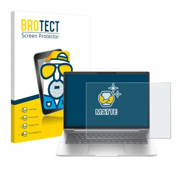 Parte frontal de un envase de producto con el logotipo de la marca BROTECT. Al lado se muestra el dispositivo HP EliteBook 645