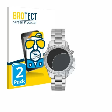 Parte frontal de un envase de producto con el logotipo de la marca BROTECT. Al lado se muestra el dispositivo Michael Kors Rit