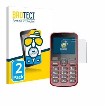 Parte frontal de un envase de producto con el logotipo de la marca BROTECT. Al lado se muestra el dispositivo Doro 1880 con su