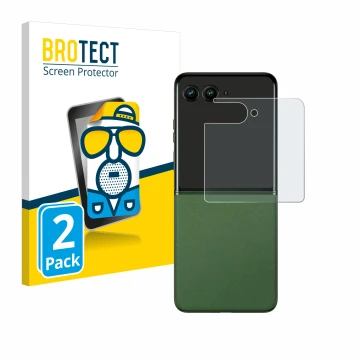 Parte frontal de un envase de producto con el logotipo de la marca BROTECT. Al lado se muestra el dispositivo Motorola Razr 50