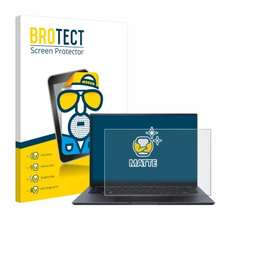 Parte frontal de un envase de producto con el logotipo de la marca BROTECT. Al lado se muestra el dispositivo ASUS ZenBook Pro