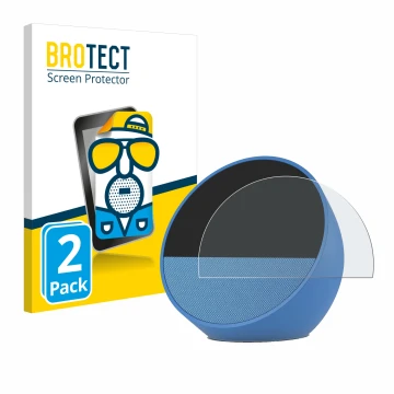 Parte frontal de un envase de producto con el logotipo de la marca BROTECT. Al lado se muestra el dispositivo Amazon Echo Spot