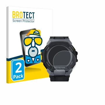 Parte frontal de un envase de producto con el logotipo de la marca BROTECT. Al lado se muestra el dispositivo Casio G-Shock G-