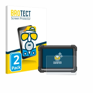 Parte frontal de un envase de producto con el logotipo de la marca BROTECT. Al lado se muestra el dispositivo Launch X-431 Pro