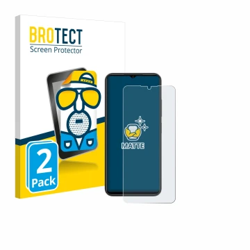 Parte frontal de un envase de producto con el logotipo de la marca BROTECT. Al lado se muestra el dispositivo ZTE Blade A54 co