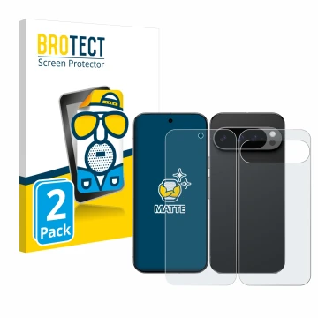 Parte frontal de un envase de producto con el logotipo de la marca BROTECT. Al lado se muestra el dispositivo Google Pixel 9 P