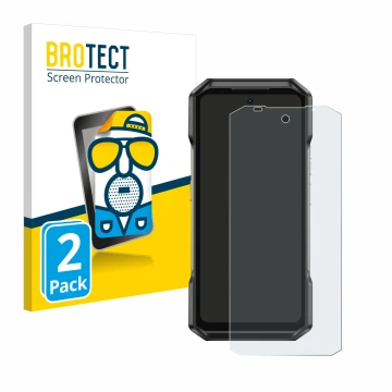 Parte frontal de un envase de producto con el logotipo de la marca BROTECT. Al lado se muestra el dispositivo Ulefone Armor 27