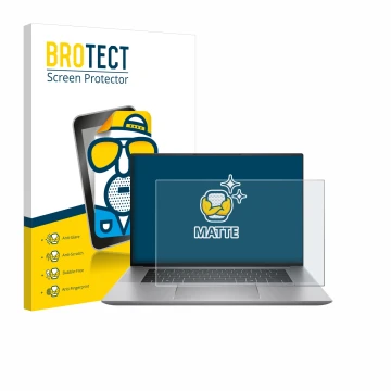 Parte frontal de un envase de producto con el logotipo de la marca BROTECT. Al lado se muestra el dispositivo HP Zbook Studio 