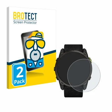 Parte frontal de un envase de producto con el logotipo de la marca BROTECT. Al lado se muestra el dispositivo Garmin Enduro 3 