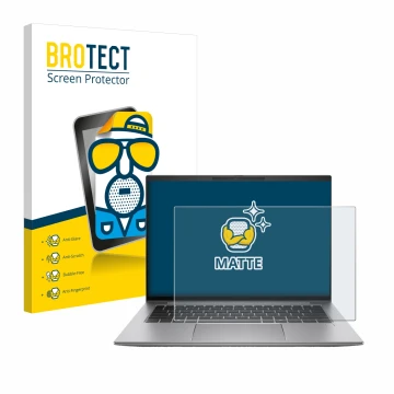 Parte frontal de un envase de producto con el logotipo de la marca BROTECT. Al lado se muestra el dispositivo HP Zbook Firefly