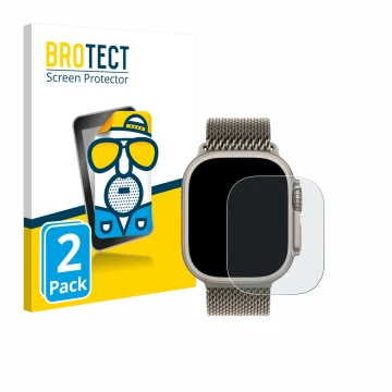 Parte frontal de un envase de producto con el logotipo de la marca BROTECT. Al lado se muestra el dispositivo Apple Watch Ultr