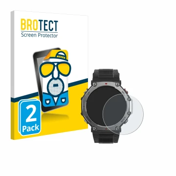 Parte frontal de un envase de producto con el logotipo de la marca BROTECT. Al lado se muestra el dispositivo Huami Amazfit T-