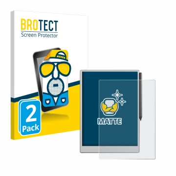 Parte frontal de un envase de producto con el logotipo de la marca BROTECT. Al lado se muestra el dispositivo reMarkable Paper