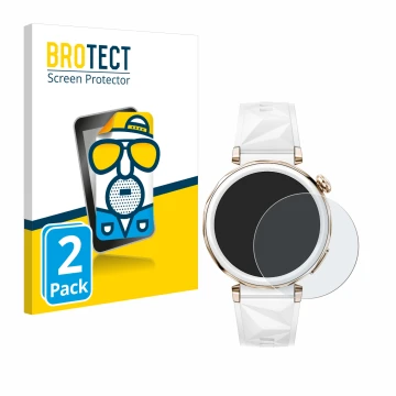 Parte frontal de un envase de producto con el logotipo de la marca BROTECT. Al lado se muestra el dispositivo Huawei Watch GT 