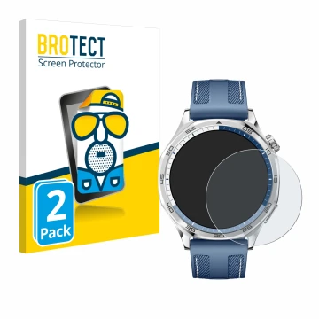 Parte frontal de un envase de producto con el logotipo de la marca BROTECT. Al lado se muestra el dispositivo Huawei Watch GT 