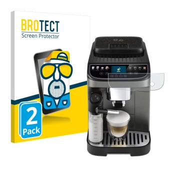 Parte frontal de un envase de producto con el logotipo de la marca BROTECT. Al lado se muestra el dispositivo DeLonghi Magnifi