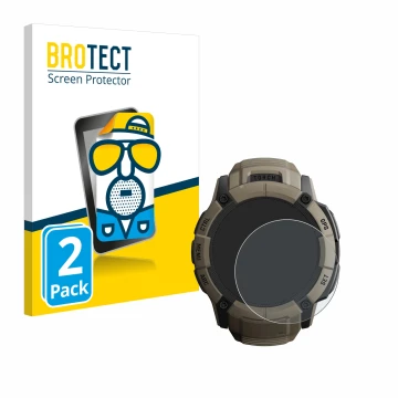 Parte frontal de un envase de producto con el logotipo de la marca BROTECT. Al lado se muestra el dispositivo Garmin Instinct 