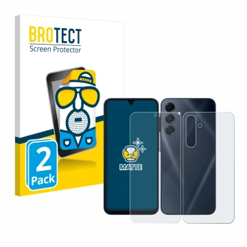 Parte frontal de un envase de producto con el logotipo de la marca BROTECT. Al lado se muestra el dispositivo Samsung Galaxy A
