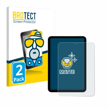 Parte frontal de un envase de producto con el logotipo de la marca BROTECT. Al lado se muestra el dispositivo Apple iPad Mini 