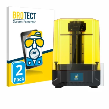 Parte frontal de un envase de producto con el logotipo de la marca BROTECT. Al lado se muestra el dispositivo Anycubic Photon 