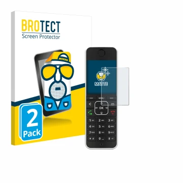 Parte frontal de un envase de producto con el logotipo de la marca BROTECT. Al lado se muestra el dispositivo AVM Fritz!Fon C6