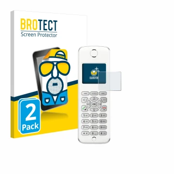 Parte frontal de un envase de producto con el logotipo de la marca BROTECT. Al lado se muestra el dispositivo AVM Fritz!Fon M2