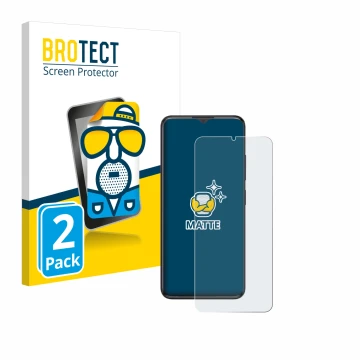 Parte frontal de un envase de producto con el logotipo de la marca BROTECT. Al lado se muestra el dispositivo ZTE Blade A34 co