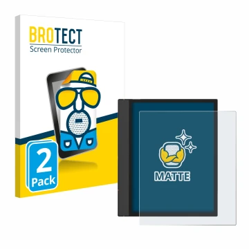 Parte frontal de un envase de producto con el logotipo de la marca BROTECT. Al lado se muestra el dispositivo Boox Note Air 4 