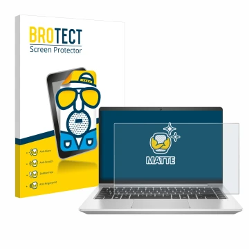 Parte frontal de un envase de producto con el logotipo de la marca BROTECT. Al lado se muestra el dispositivo HP ProBook 445 G