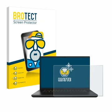 Parte frontal de un envase de producto con el logotipo de la marca BROTECT. Al lado se muestra el dispositivo Razer Blade 16 2