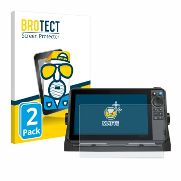 Parte frontal de un envase de producto con el logotipo de la marca BROTECT. Al lado se muestra el dispositivo Lowrance HDS-9 P