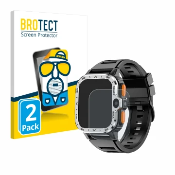 Parte frontal de un envase de producto con el logotipo de la marca BROTECT. Al lado se muestra el dispositivo HS Smartwatch 2