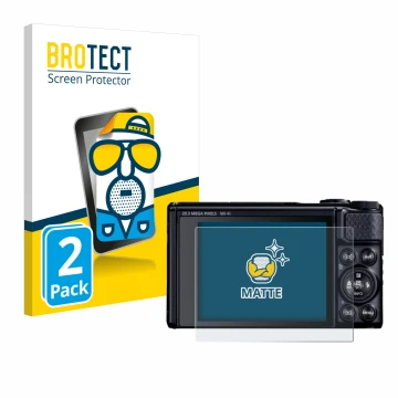 Parte frontal de un envase de producto con el logotipo de la marca BROTECT. Al lado se muestra el dispositivo Canon PowerShot 